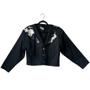 Vintage 80’s Sas’sa Crop Western Fringe Cow Print Black Jacket